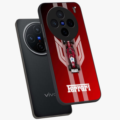 Red Ferrari F1 Vertical Glass Case displayed in angled mockup highlighting high speed racing design with bold automotive aesthetic.