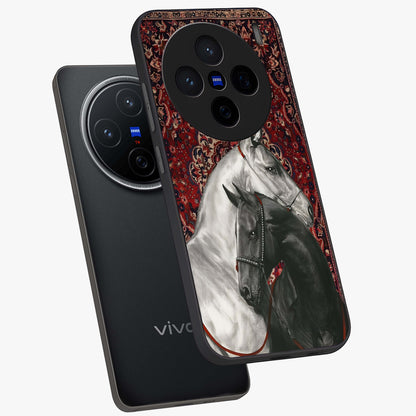 Regal Stallion Tapestry Glass Case displayed in angled mockup highlighting royal stallion design with decorative heritage aesthetic.