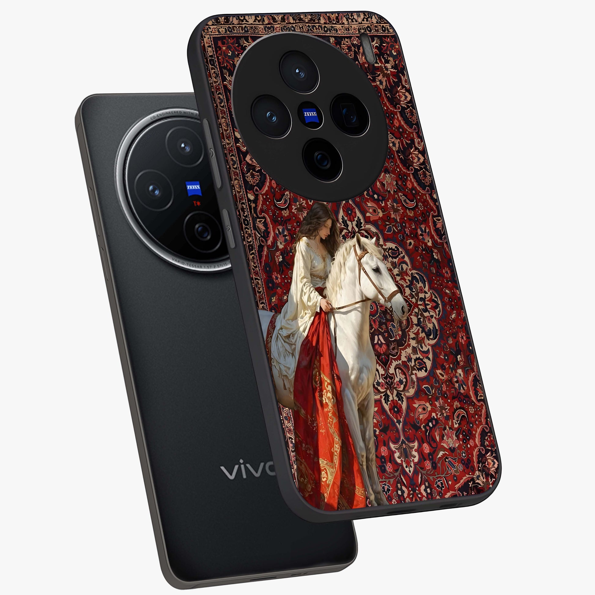 Royal Rider Tapestry Glass Case displayed in angled mockup highlighting traditional tapestry design with royal heritage aesthetic.