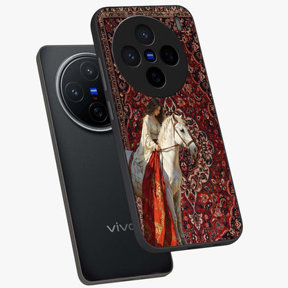 Royal Rider Tapestry Glass Case displayed in angled mockup highlighting traditional tapestry design with royal heritage aesthetic.