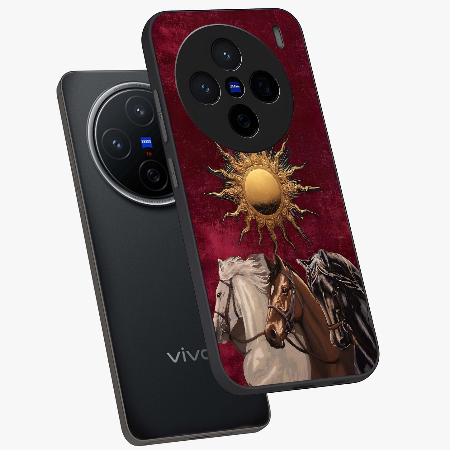 Solar Riders Glass Case displayed in angled mockup highlighting powerful rider illustration with radiant solar aesthetic.