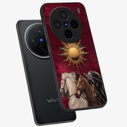 Solar Riders Glass Case displayed in angled mockup highlighting powerful rider illustration with radiant solar aesthetic.