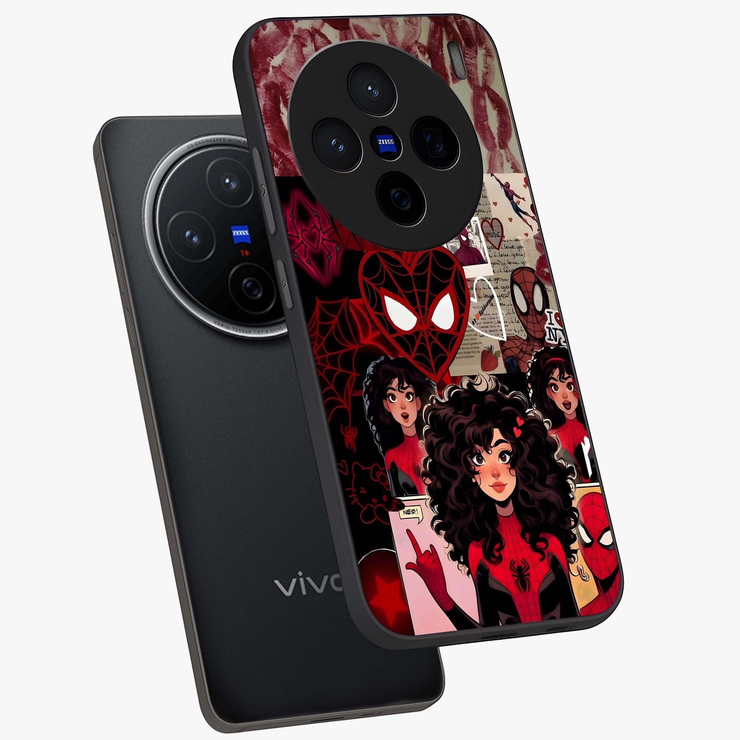 Spider Love Story Glass Case displayed in angled mockup highlighting expressive comic inspired design with playful aesthetic.