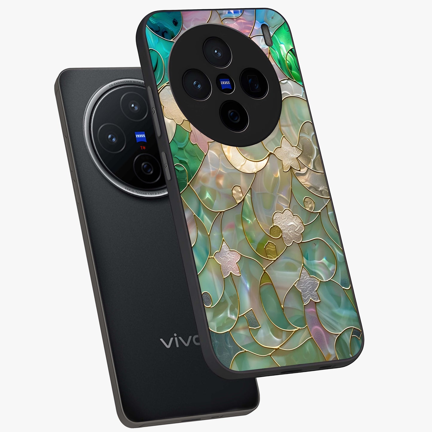 Stained Sunrise Glow Glass Case displayed in angled mockup highlighting radiant sunrise design with artistic aesthetic style.