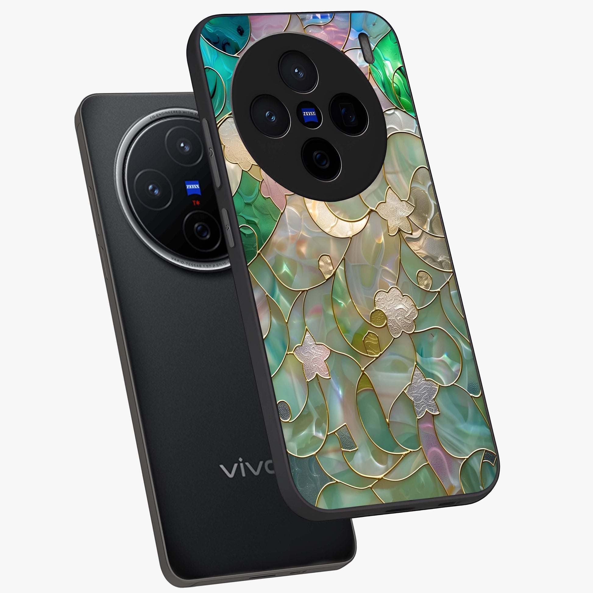 Stained Sunrise Glow Glass Case displayed in angled mockup highlighting radiant sunrise design with artistic aesthetic style.