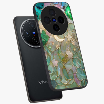 Stained Sunrise Glow Glass Case displayed in angled mockup highlighting radiant sunrise design with artistic aesthetic style.
