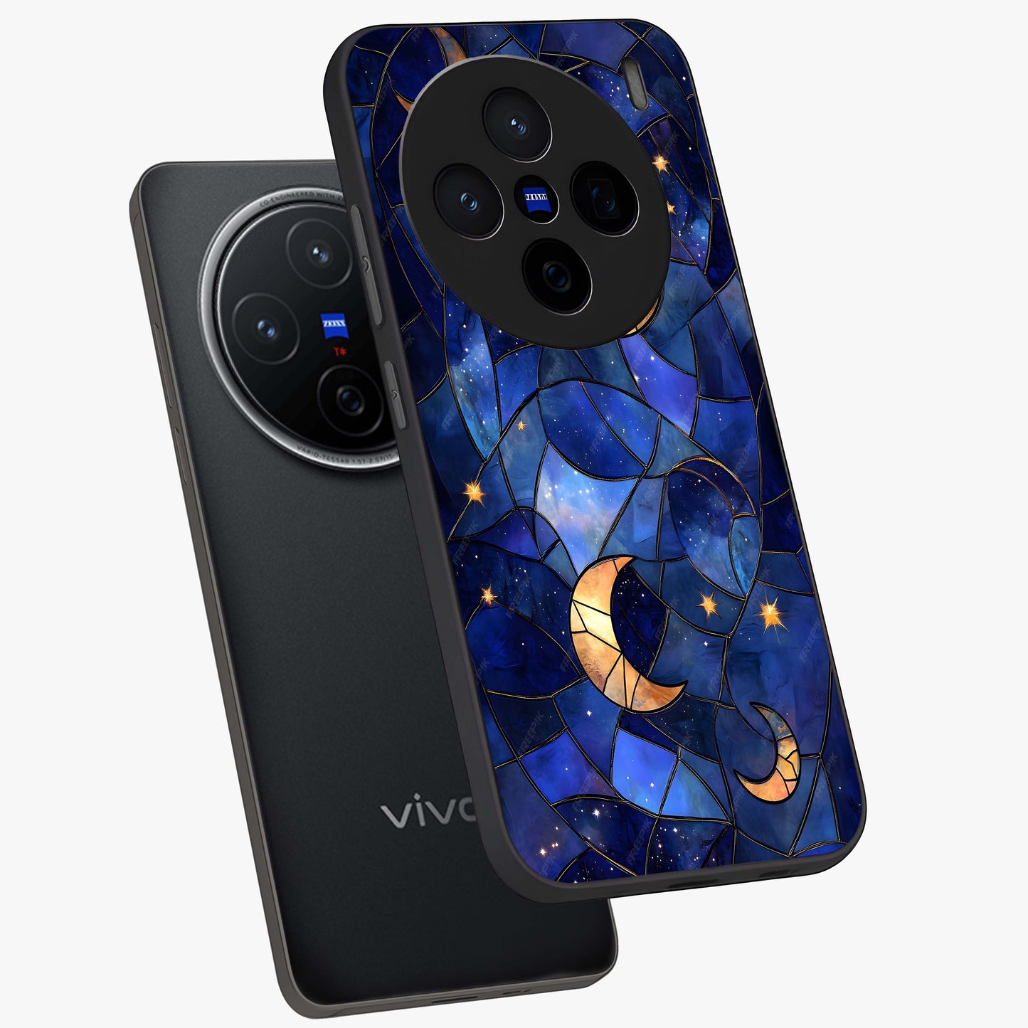 Starlit Sky Tapestry Glass Case displayed in angled mockup highlighting celestial night pattern with artistic aesthetic style.