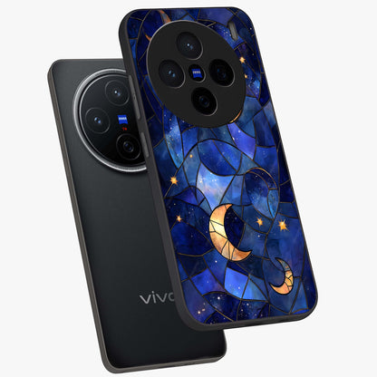 Starlit Sky Tapestry Glass Case displayed in angled mockup highlighting celestial night pattern with artistic aesthetic style.