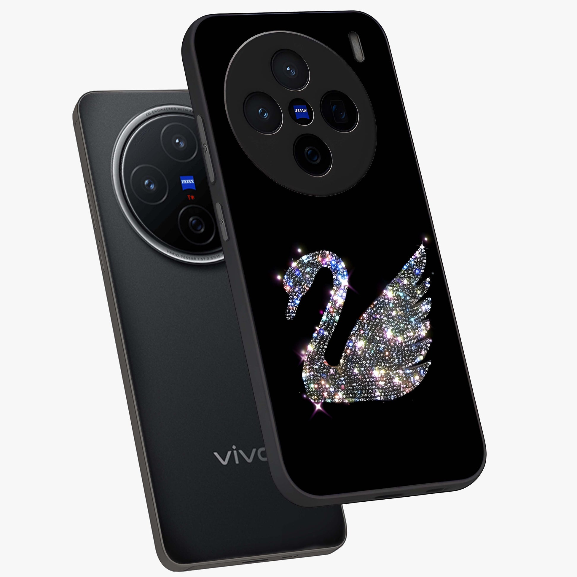 Starlit Swan Grace Glass Case displayed in angled mockup highlighting elegant swan illustration with dreamy celestial aesthetic.