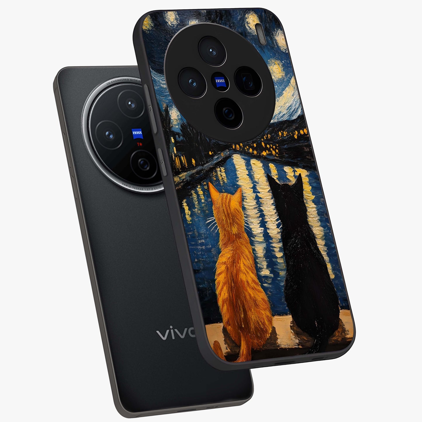 Starry River Cats Glass Case displayed in angled mockup highlighting charming feline illustration with dreamy night aesthetic.