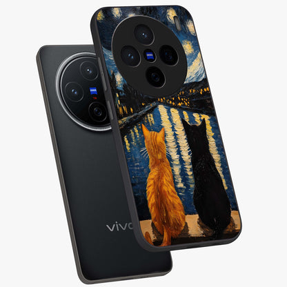 Starry River Cats Glass Case displayed in angled mockup highlighting charming feline illustration with dreamy night aesthetic.