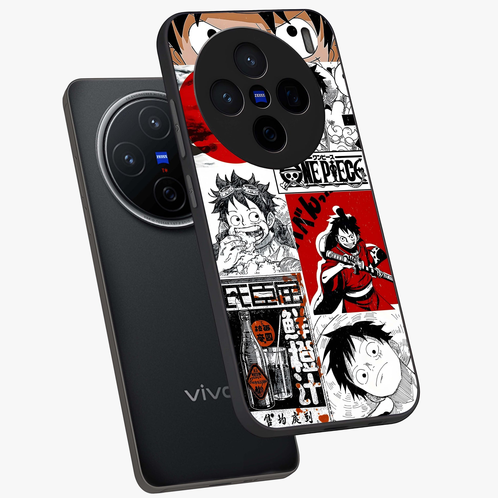 Strawhat Chaos Panels Glass Case displayed in angled mockup highlighting vibrant anime collage design with action aesthetic.