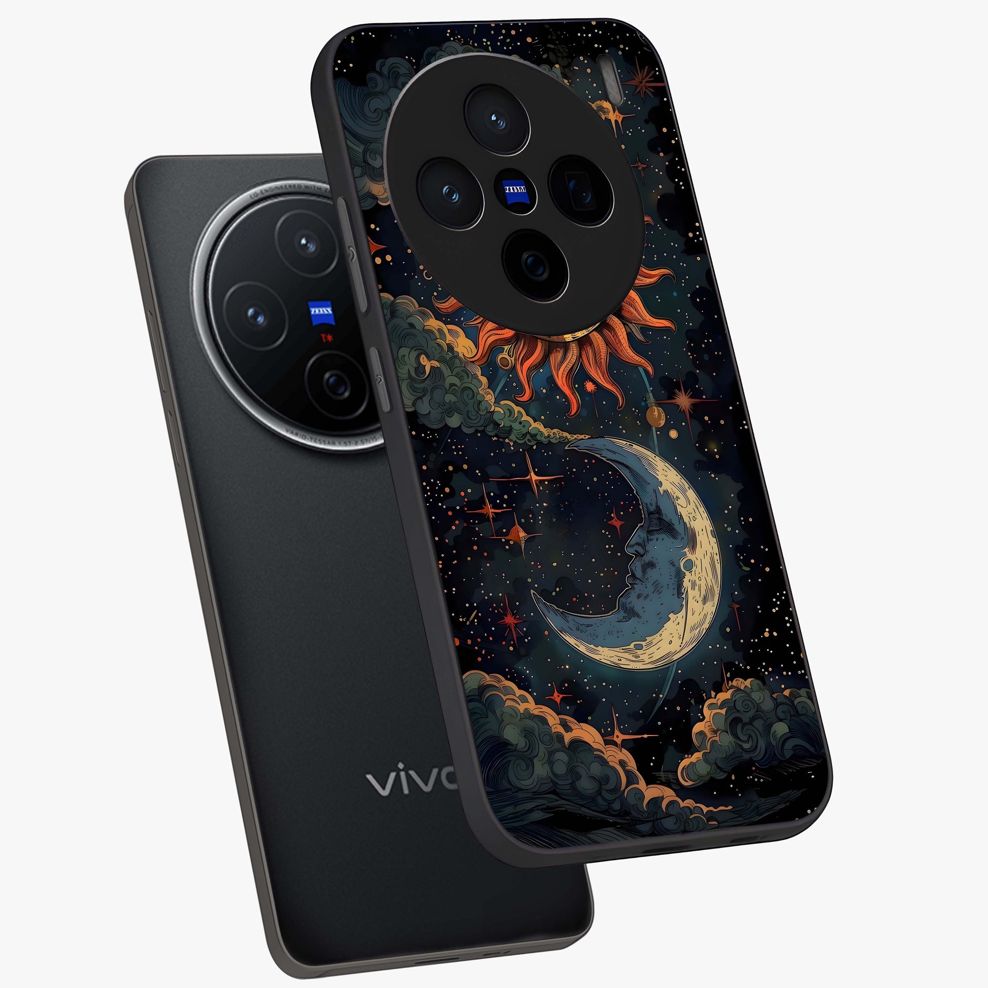 Sun And Moon Magic Design Glass Case displayed in angled mockup highlighting celestial design with magical cosmic aesthetic.
