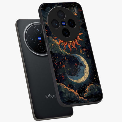 Sun And Moon Magic Design Glass Case displayed in angled mockup highlighting celestial design with magical cosmic aesthetic.