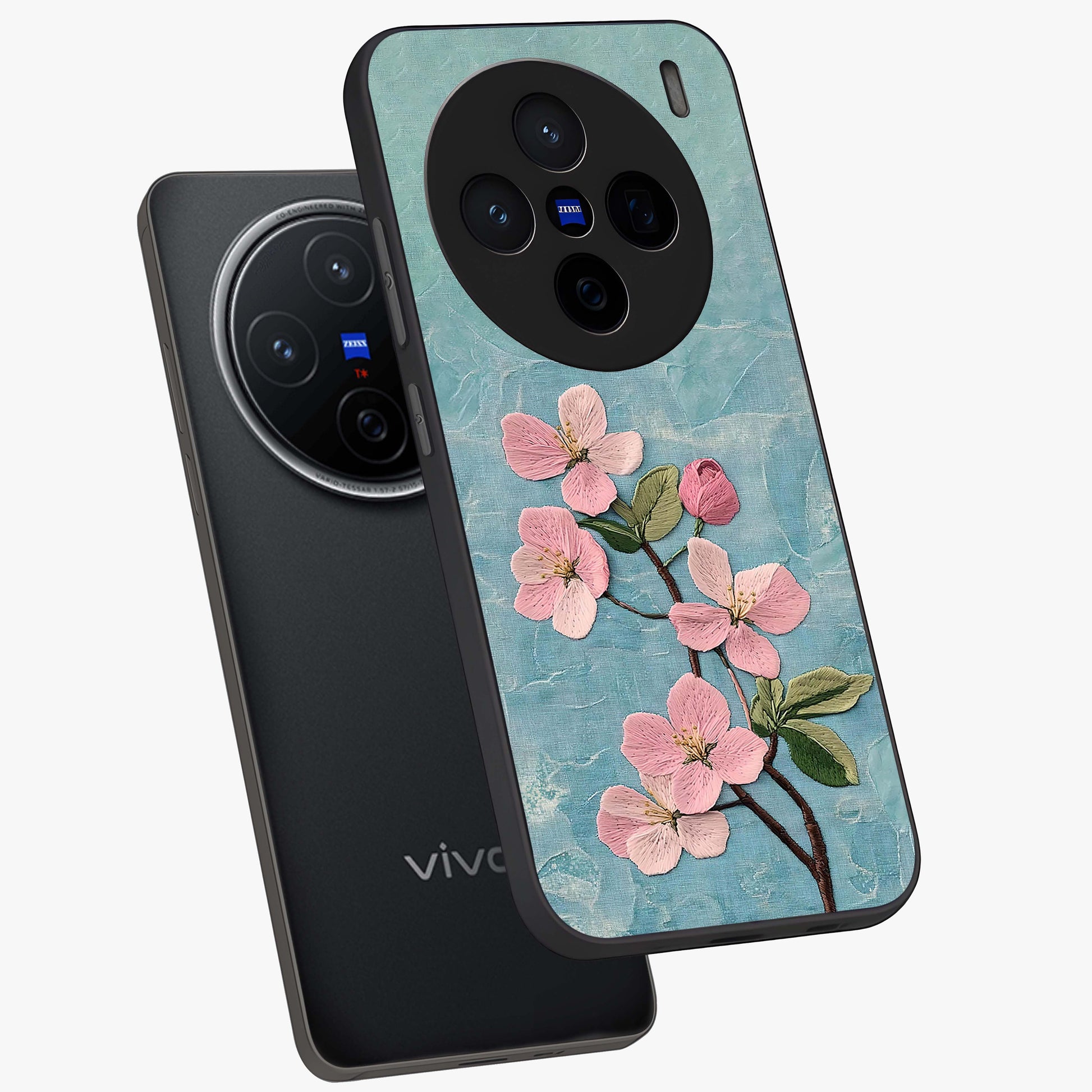 Threaded Blossom Breeze Glass Case displayed in angled mockup highlighting elegant floral design with soft aesthetic style.