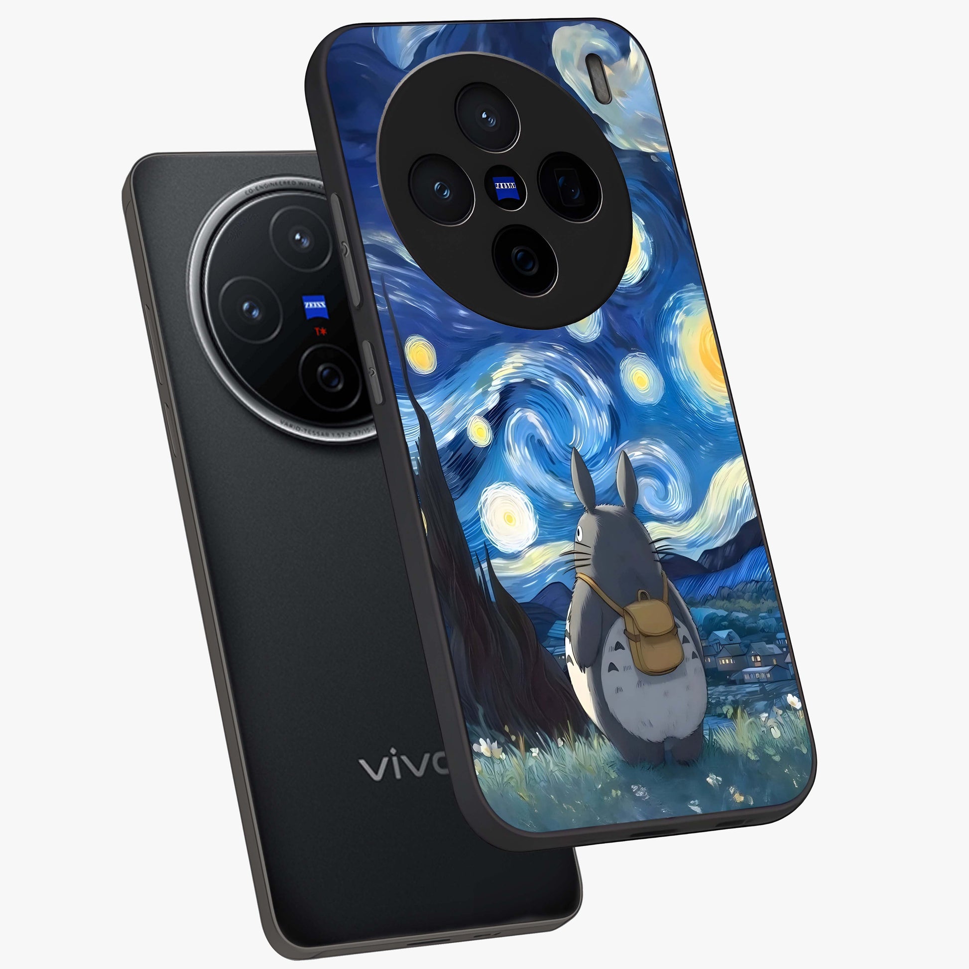 Totoro In Van Gogh Art Glass Case displayed in angled mockup highlighting artistic swirling sky design with playful animation aesthetic.