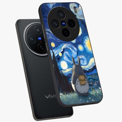 Totoro In Van Gogh Art Glass Case displayed in angled mockup highlighting artistic swirling sky design with playful animation aesthetic.