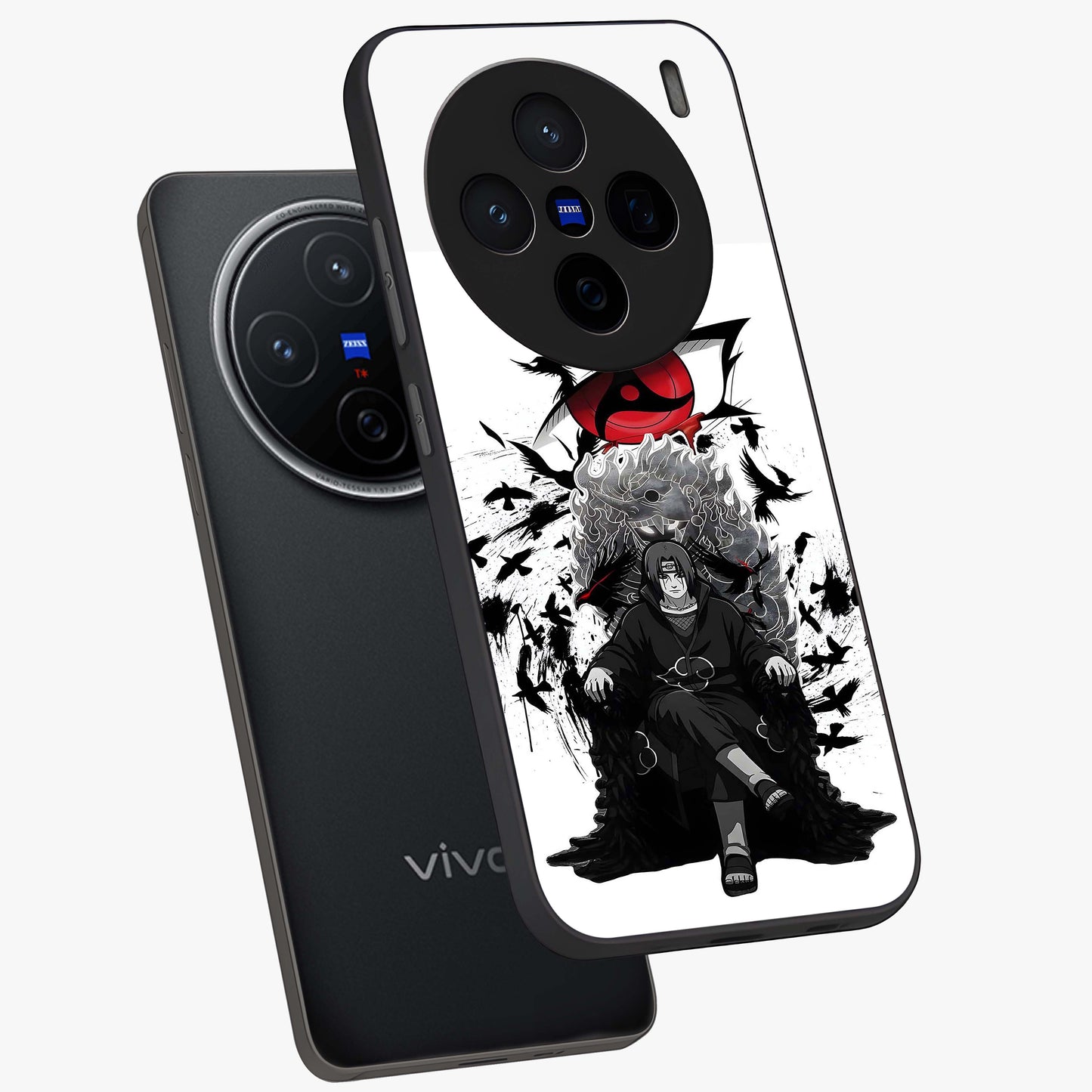 Uchiha Shadow Throne Glass Case displayed in angled mockup highlighting glowing aquatic design with celestial aesthetic.
