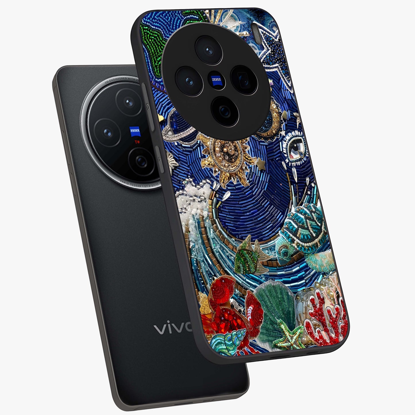 Universe Underwater Spark Glass Case displayed in angled mockup highlighting glowing aquatic design with celestial aesthetic.