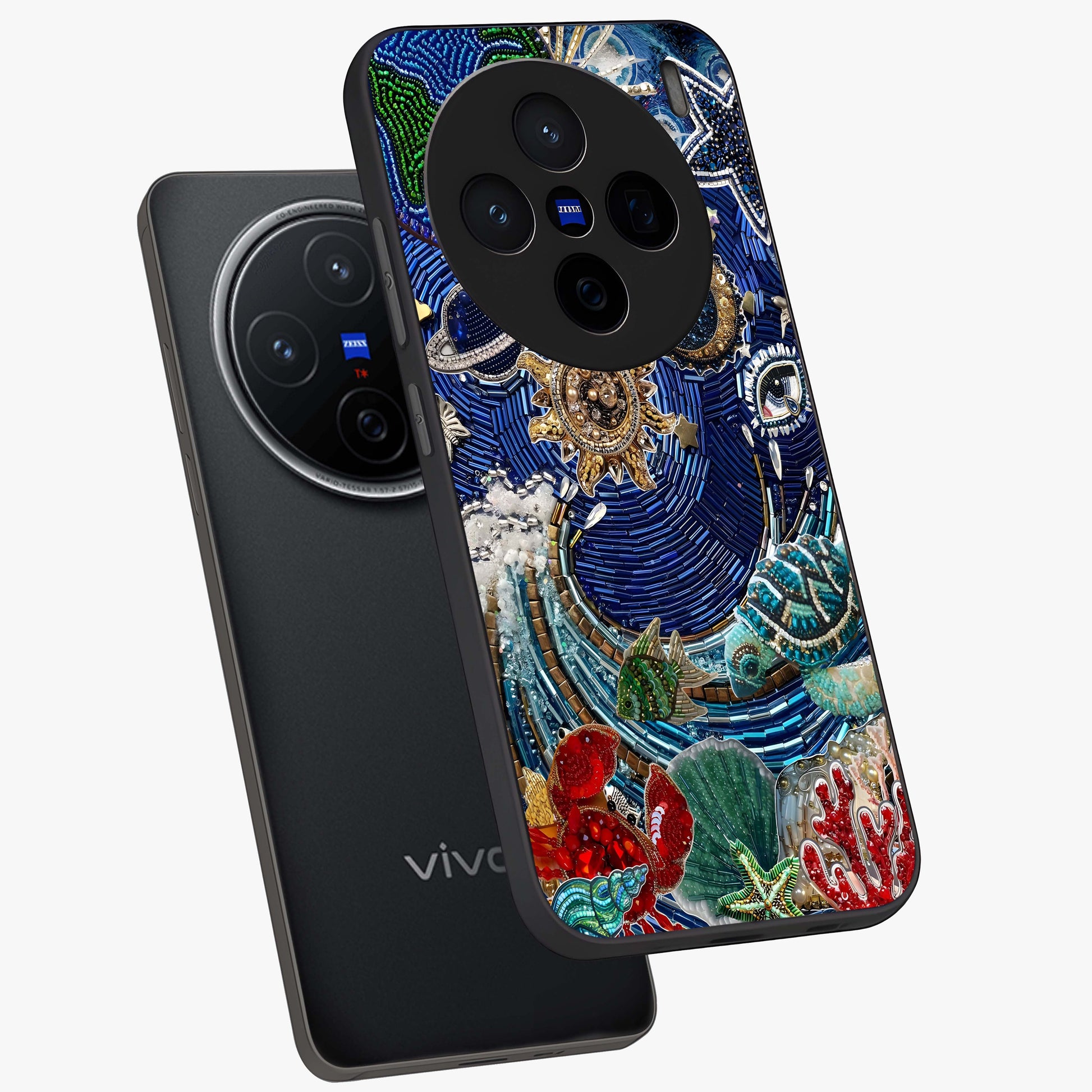 Universe Underwater Spark Glass Case displayed in angled mockup highlighting glowing aquatic design with celestial aesthetic.