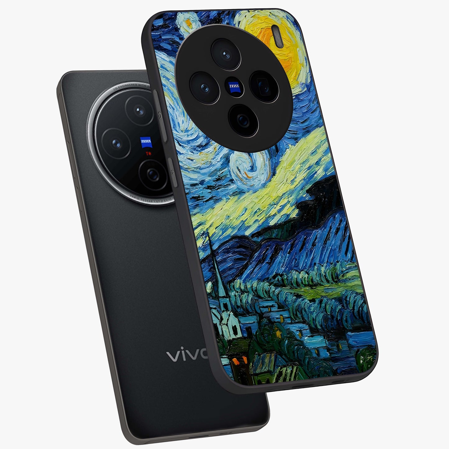 Van Gogh Art Glass Case displayed in angled mockup highlighting swirling brushstroke design with artistic aesthetic.