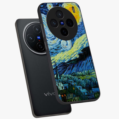 Van Gogh Art Glass Case displayed in angled mockup highlighting swirling brushstroke design with artistic aesthetic.