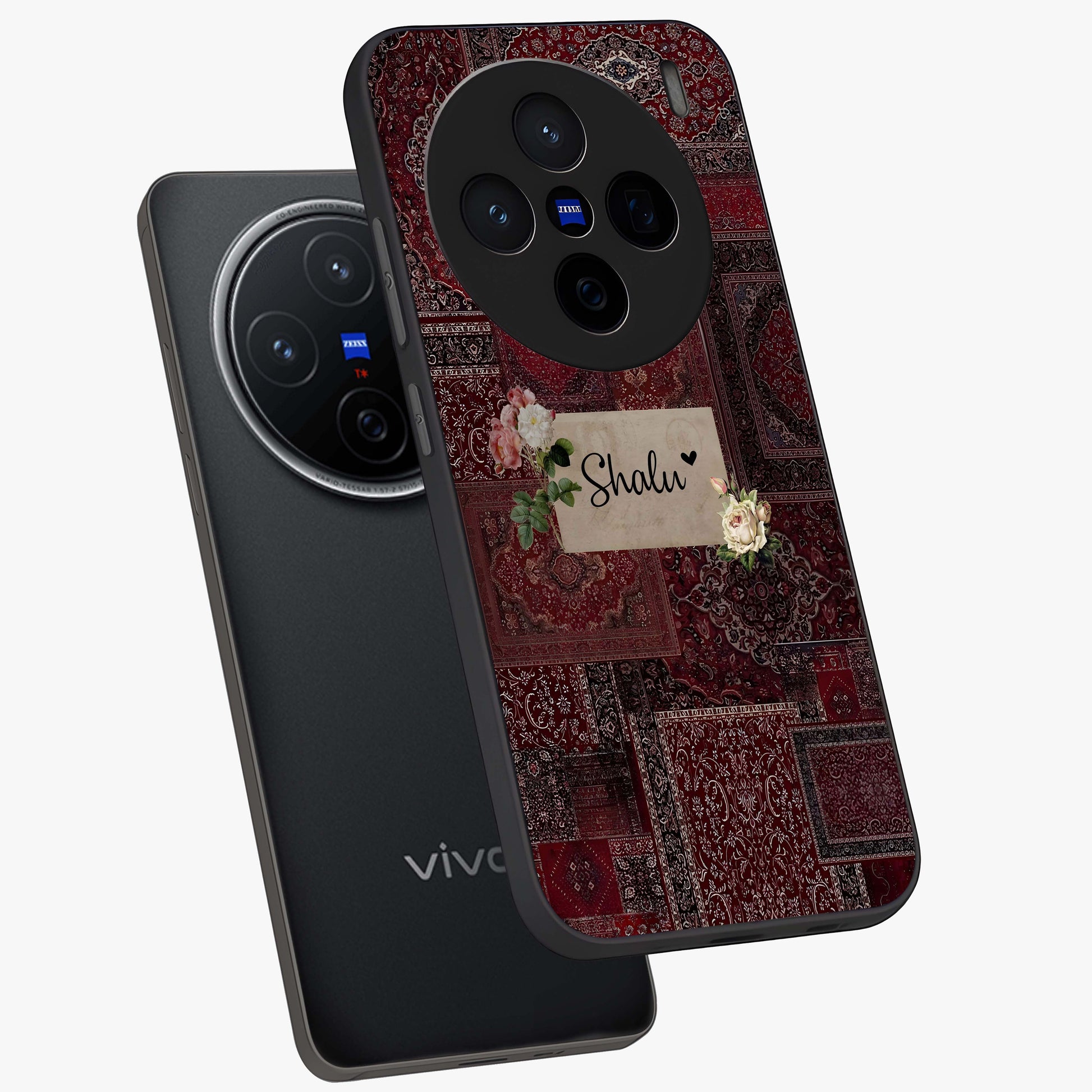 Velvet Wine Pattern Custom Name Glass Case displayed in angled mockup highlighting decorative velvet inspired design with custom name feature.