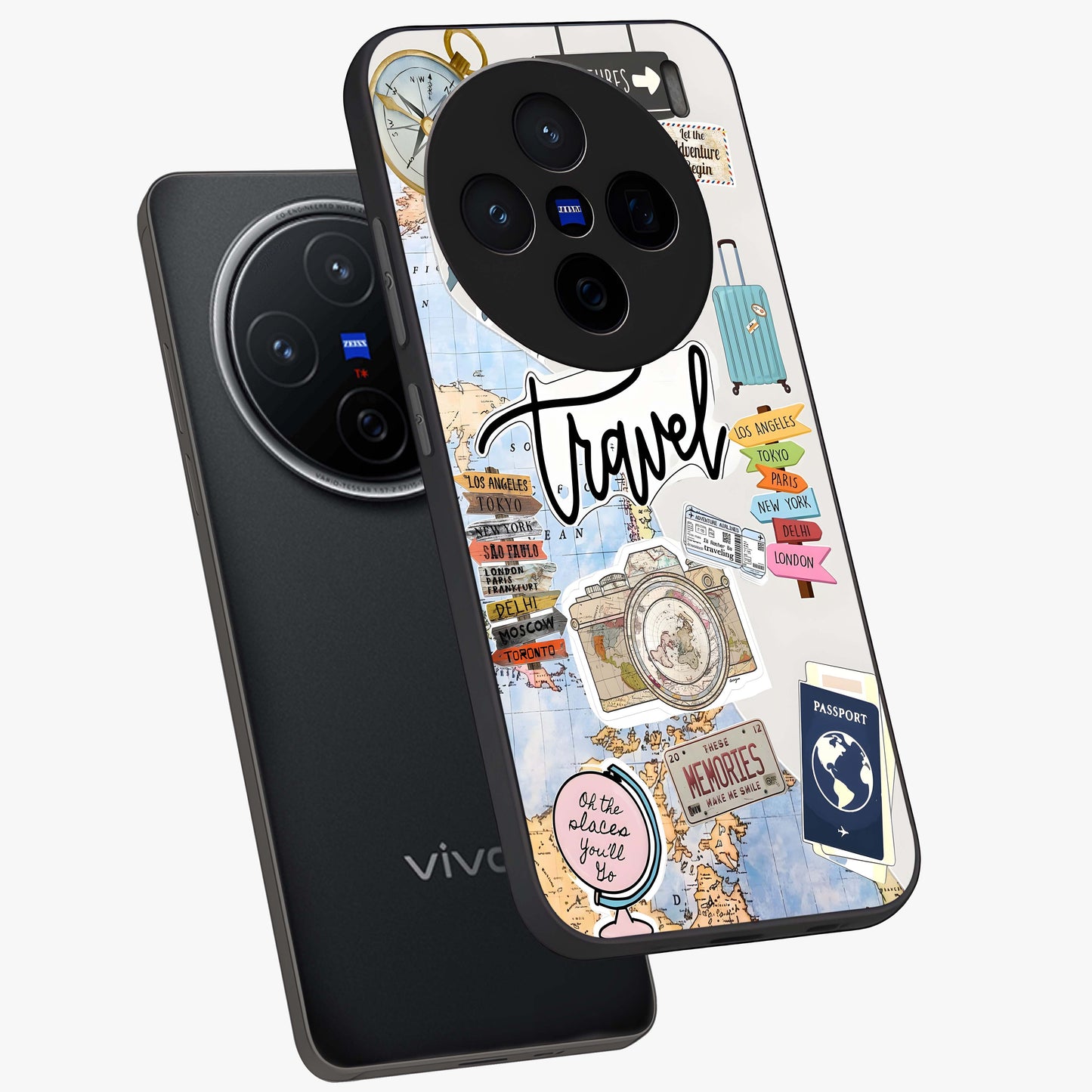 Wanderlust Journal Glass Case displayed in angled mockup highlighting adventure themed design with aesthetic travel vibe.
