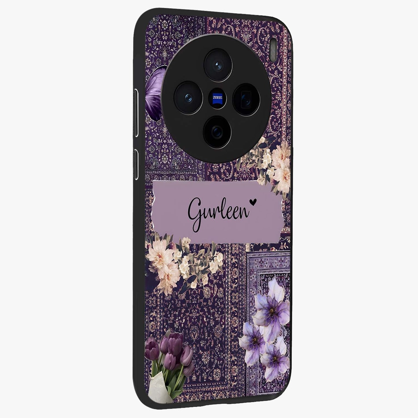Antique Floral Whisper Custom Name Glass Case upright view showcasing delicate floral artwork with custom name feature.