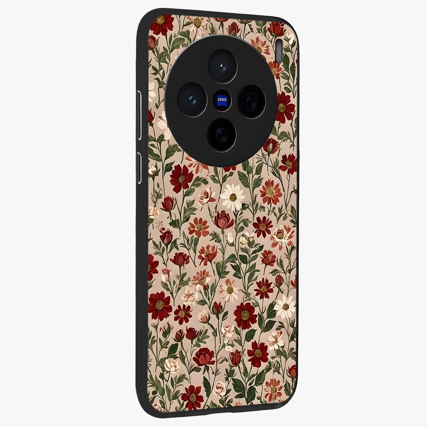 Biege Flower With Leaf Glass Case upright view showcasing delicate beige flower illustration with clean botanical style.