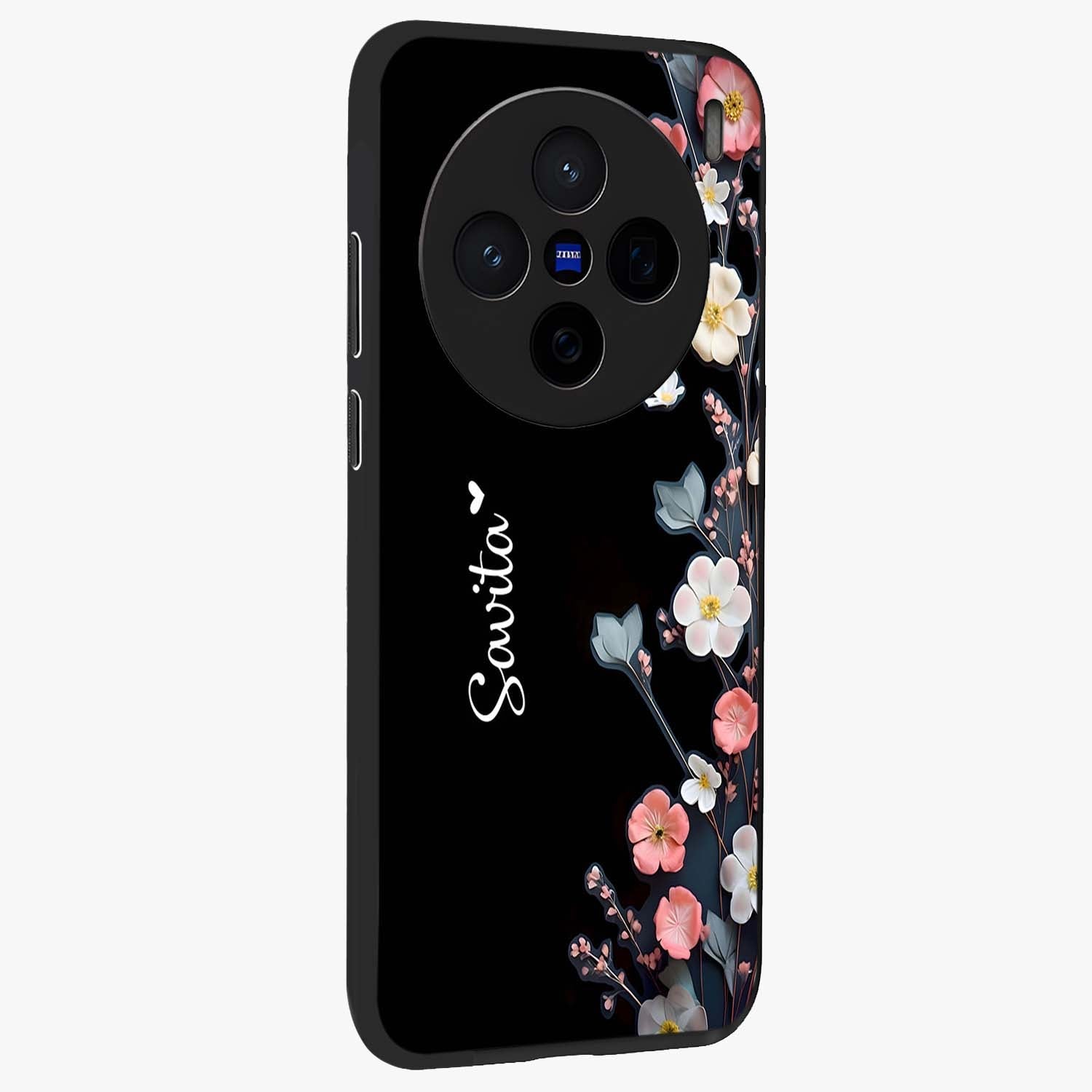Black Elegance Floral Custom Name Glass Case upright view showcasing luxurious black floral design with personalized name detail.