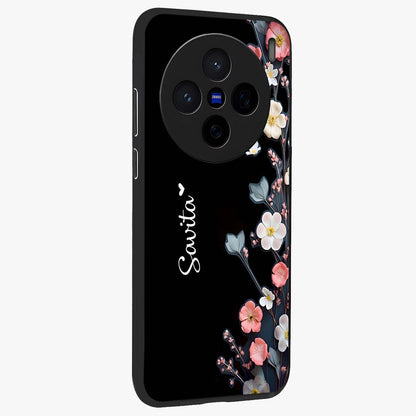 Black Elegance Floral Custom Name Glass Case upright view showcasing luxurious black floral design with personalized name detail.