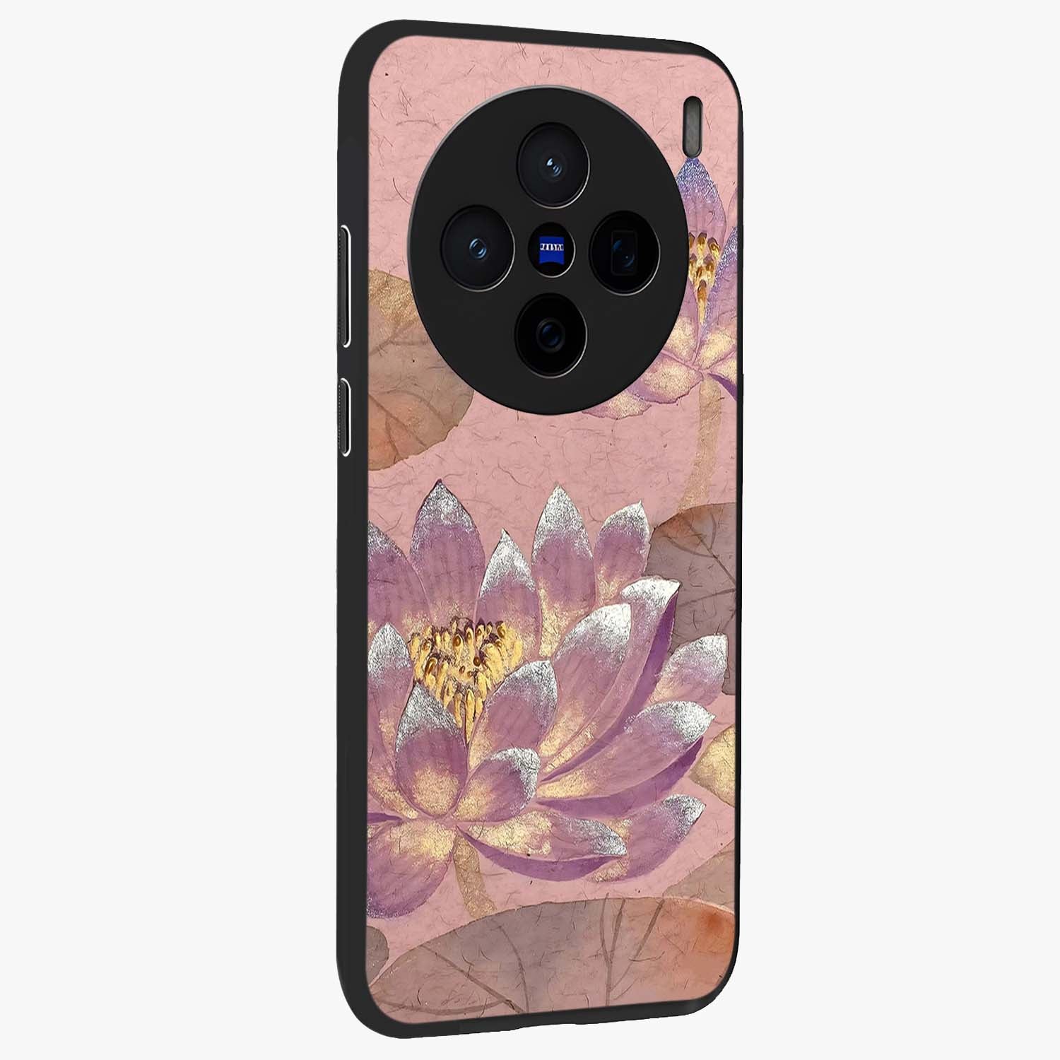 Blossom Mist Lotus Glass Case upright view showcasing graceful lotus flower design with peaceful botanical style.