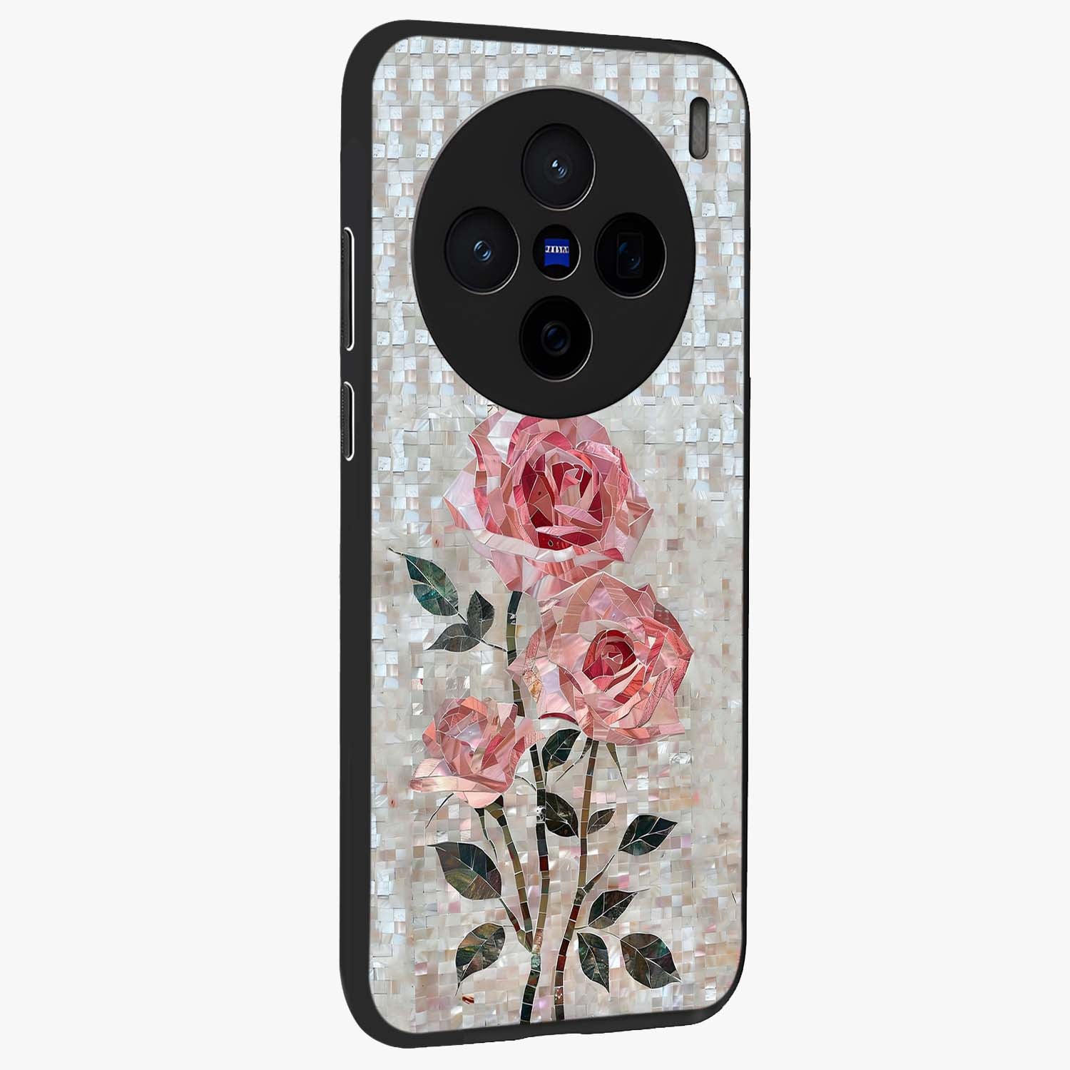 Blush Mosaic Bloom Glass Case upright view showcasing decorative floral mosaic artwork with stylish modern aesthetic.