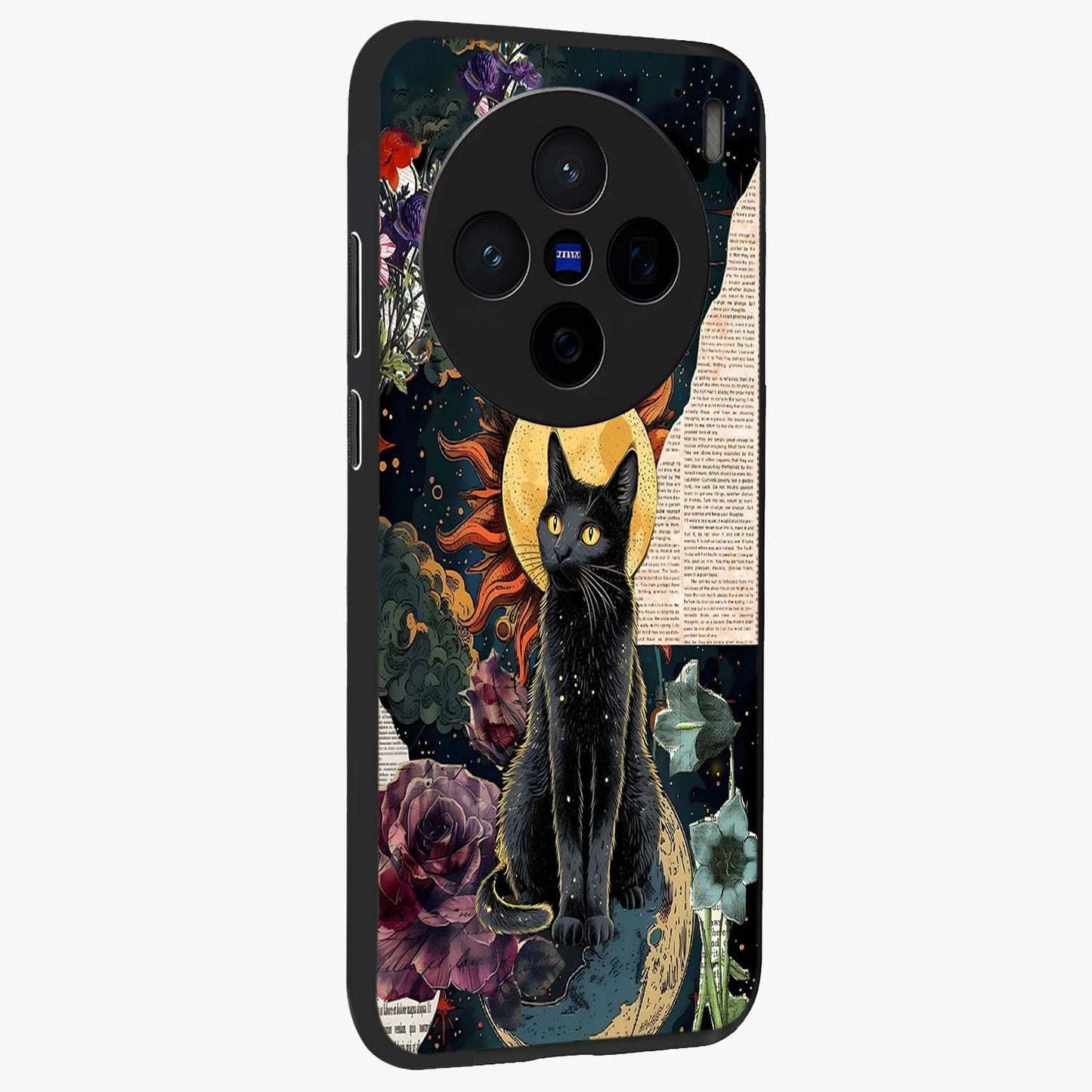 Celestial Black Cat Glass Case upright view showcasing magical black cat illustration with starry cosmic theme.