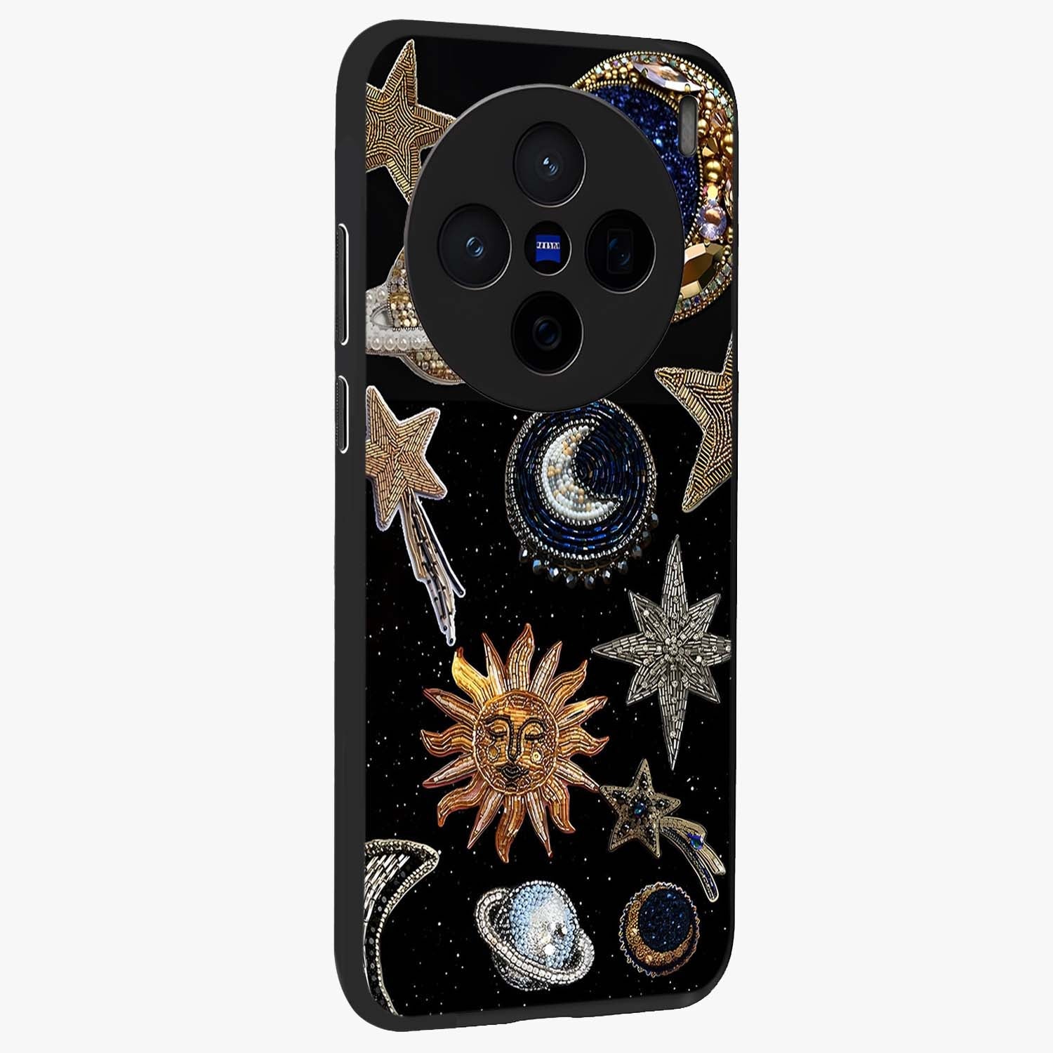 Celestial Gem Constellations Glass Case upright view showcasing cosmic constellation artwork with celestial aesthetic style.
