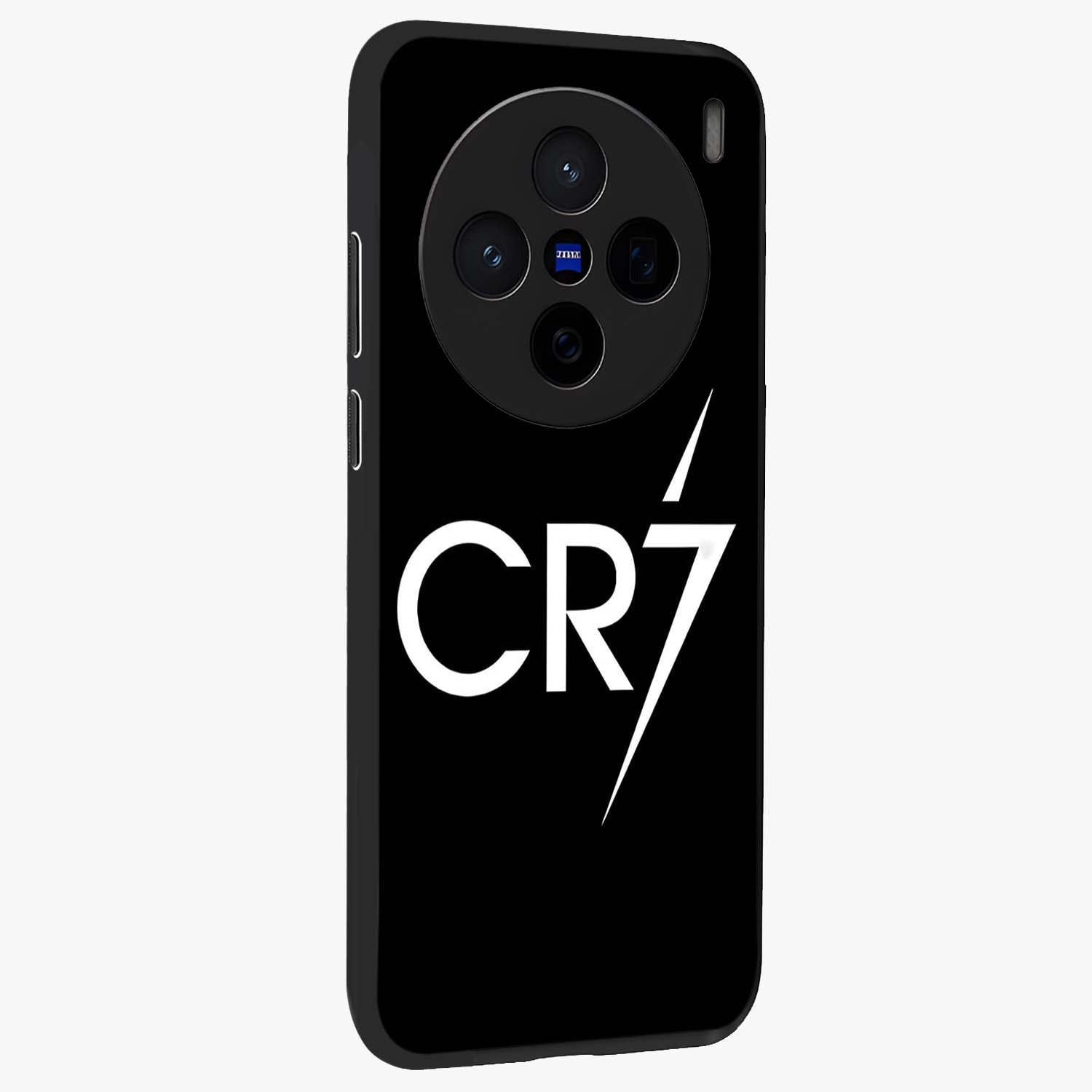 Cr7 Elite Strike Glass Case upright view showcasing energetic football inspired design with modern sports aesthetic.
