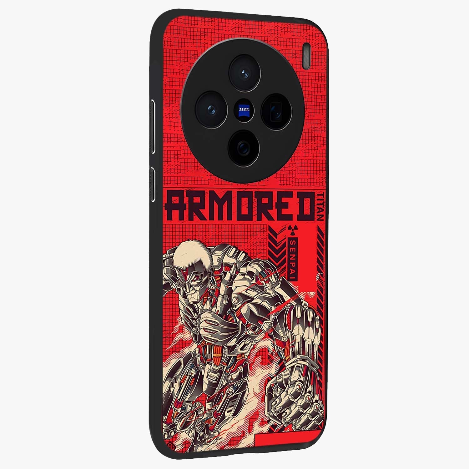 Crimson Mecha Titan Glass Case upright view showcasing dynamic robotic titan design with sci-fi inspired theme.