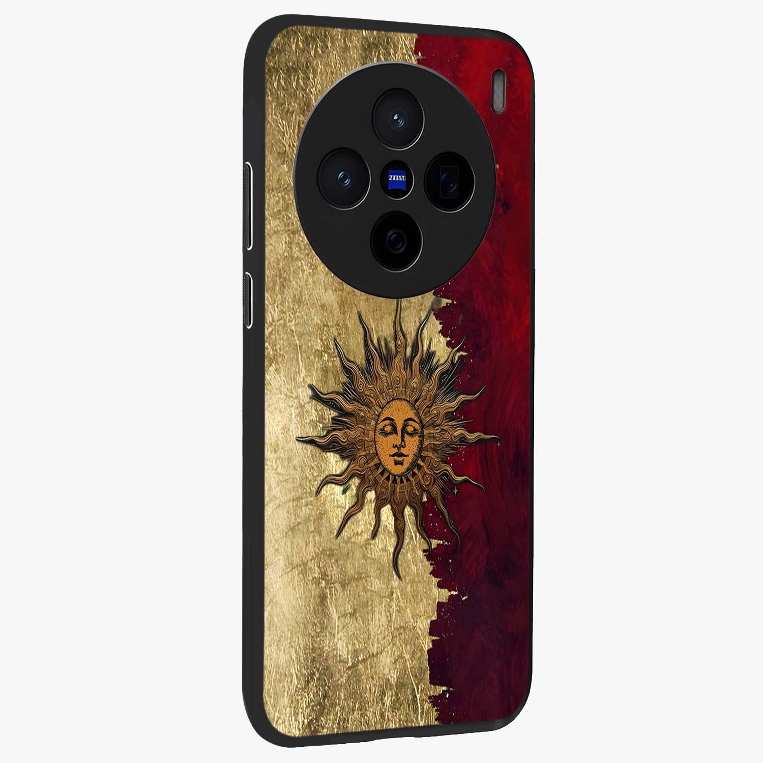 Crimson Sun Majesty Glass Case upright view showcasing vibrant sun artwork with powerful celestial theme.