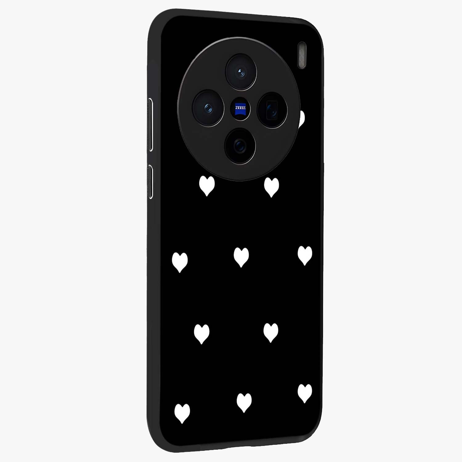 Cute And Simple White Hearts Glass Case upright view showcasing simple white hearts artwork with soft minimal theme.