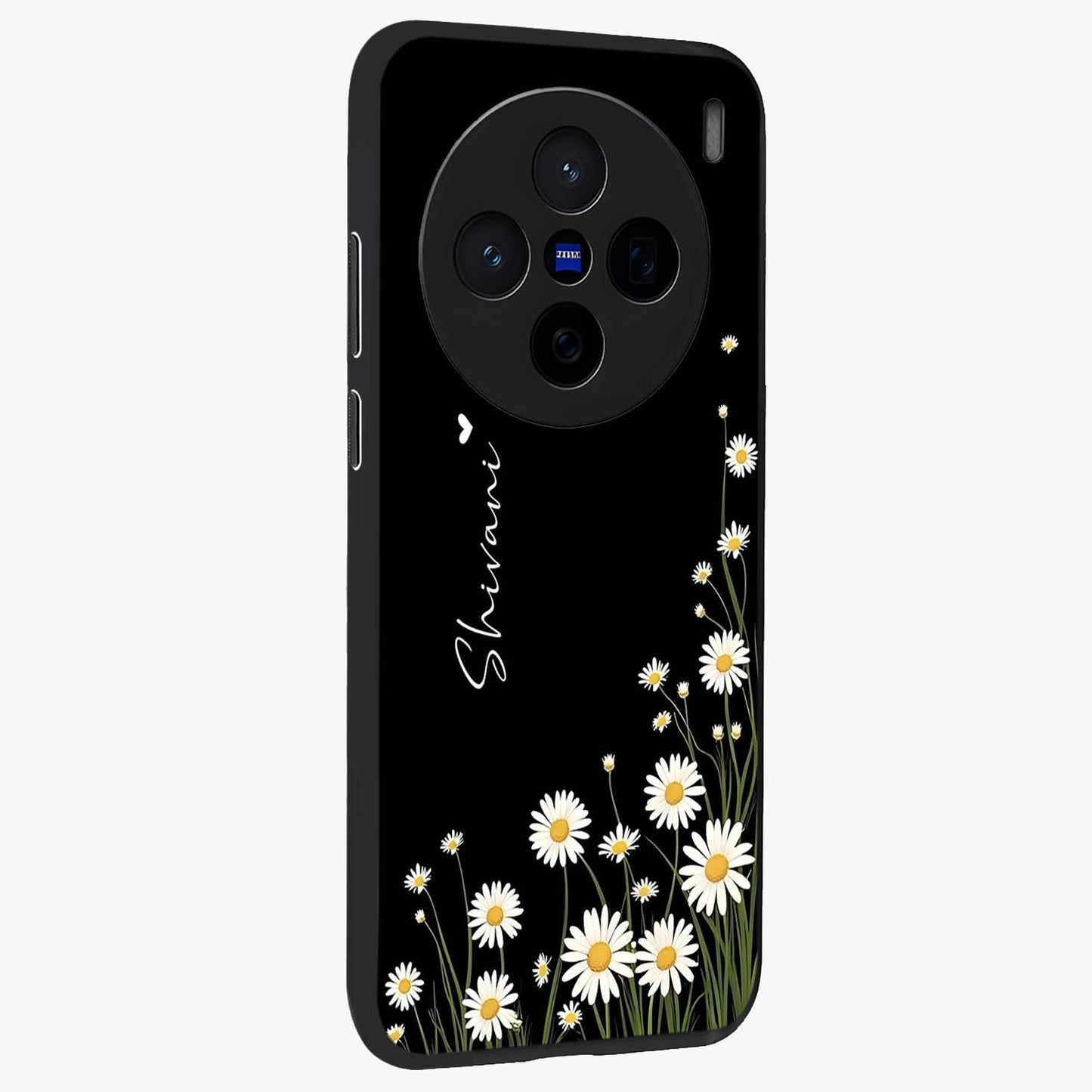 Daisy Cascade Custom Name Glass Case upright view showcasing elegant floral cascade design with personalized aesthetic.