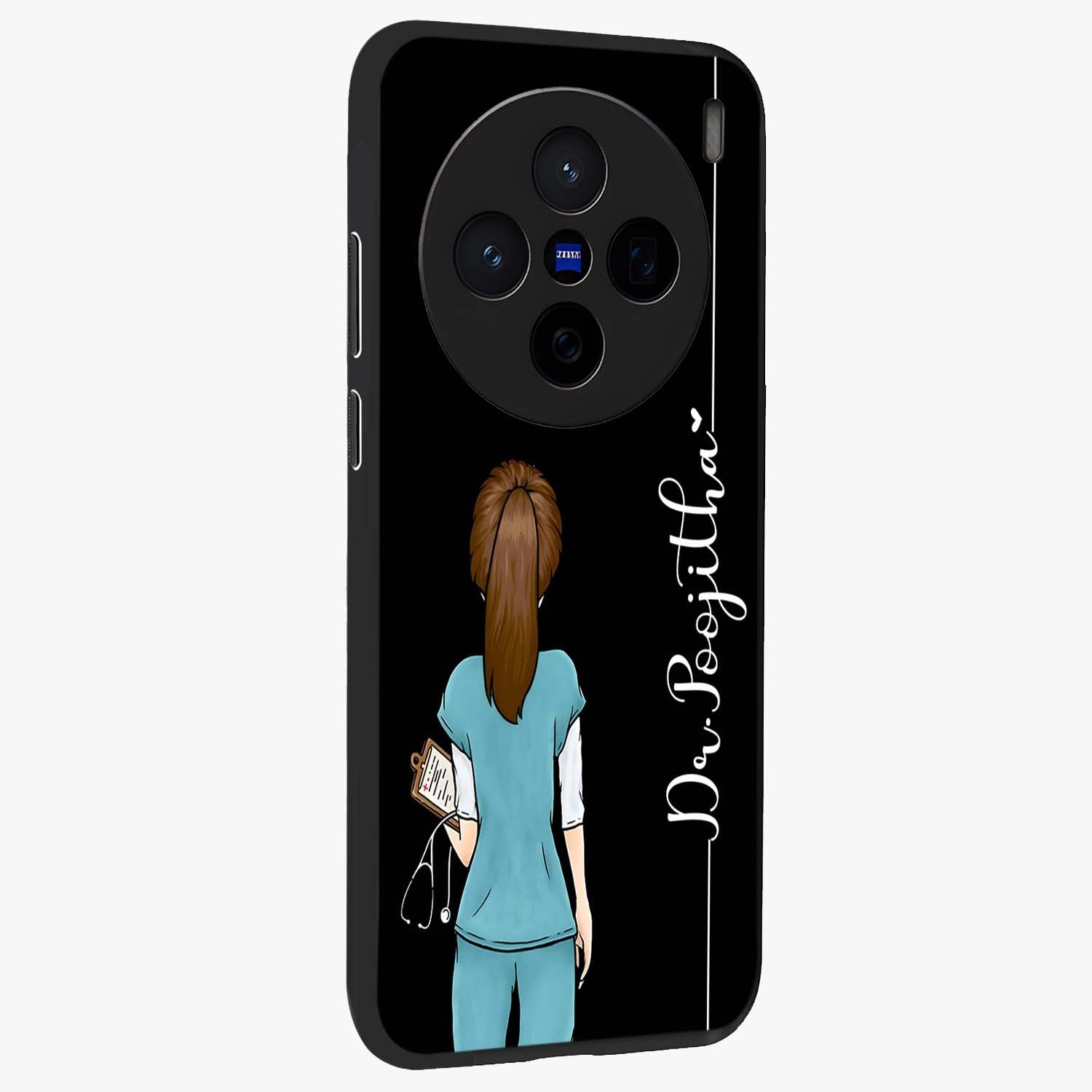 Doctor Pattern Custom Name Glass Case upright view showcasing healthcare themed design with personalized aesthetic.