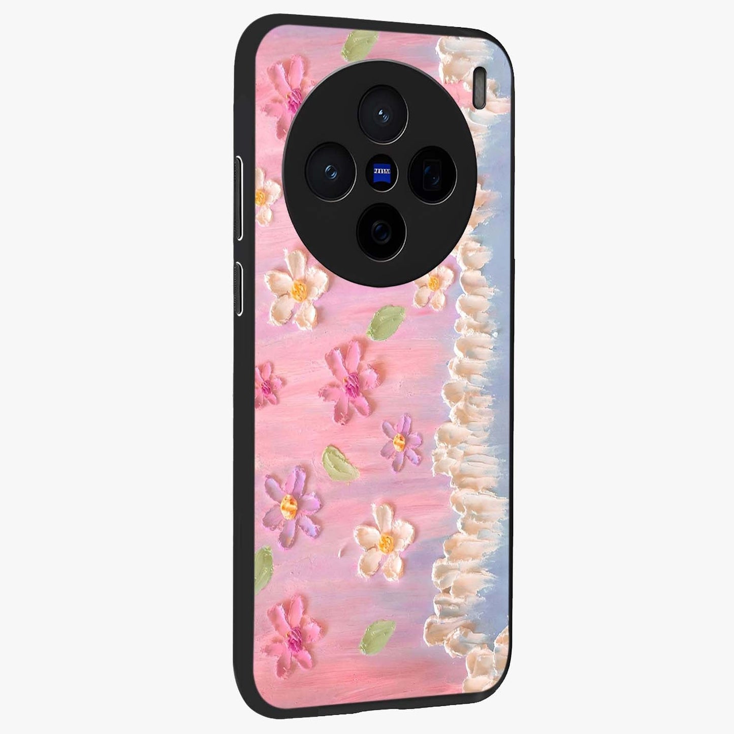 Dreamy Painted Garden Glass Case upright view showcasing vibrant floral garden artwork with artistic nature theme.