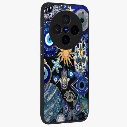 Evil Eye Charm Mix Glass Case upright view showcasing mystical evil eye pattern with vibrant decorative style.