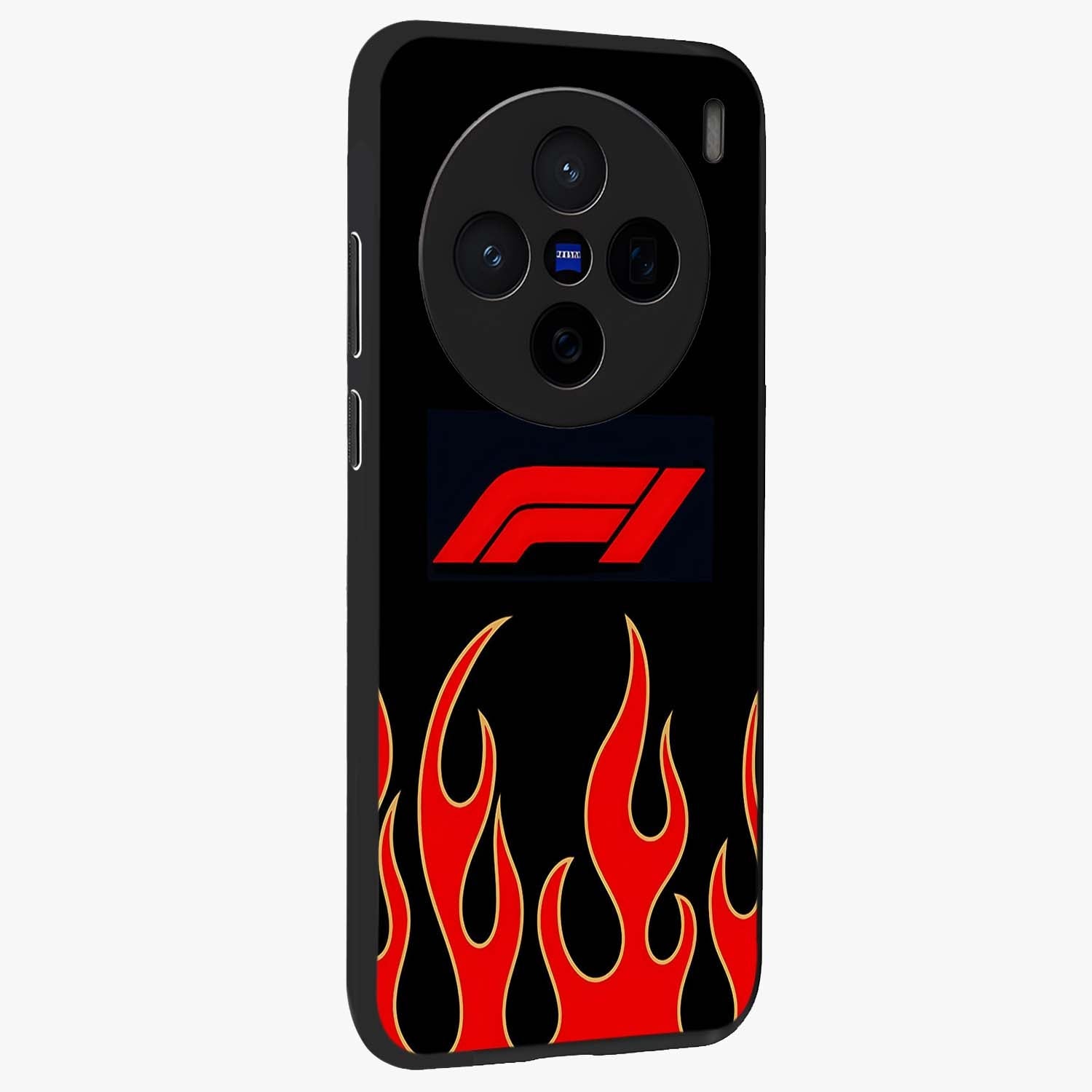 Fire F11 Glass Case upright view showcasing dynamic flame artwork with intense visual theme.