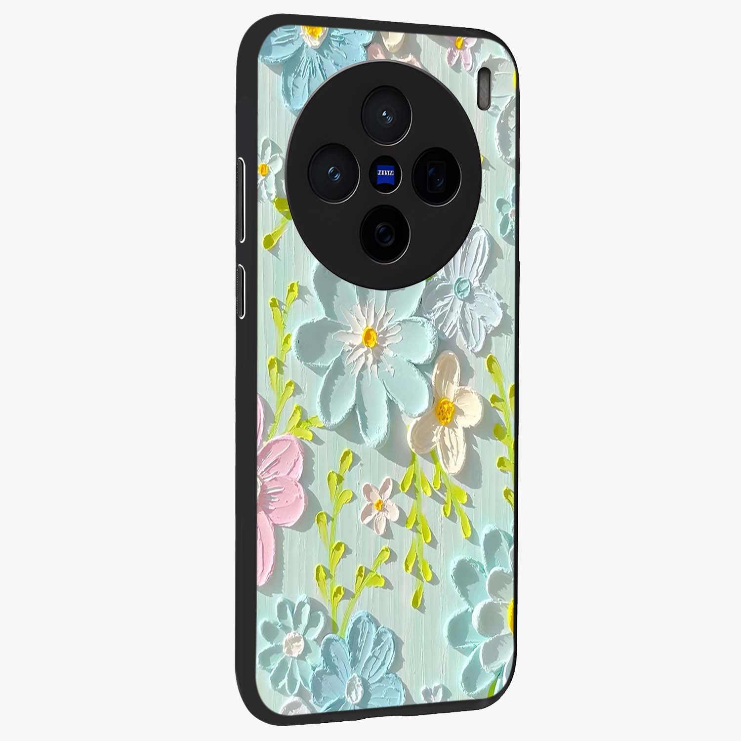 Frosted Petal Garden Glass Case upright view showcasing elegant floral garden artwork with soothing pastel theme.