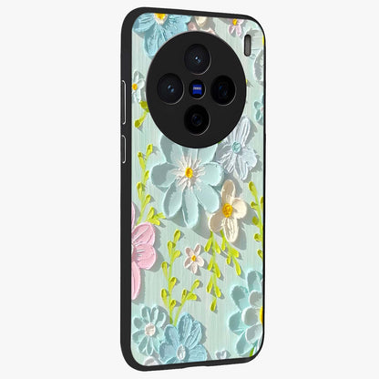Frosted Petal Garden Glass Case upright view showcasing elegant floral garden artwork with soothing pastel theme.