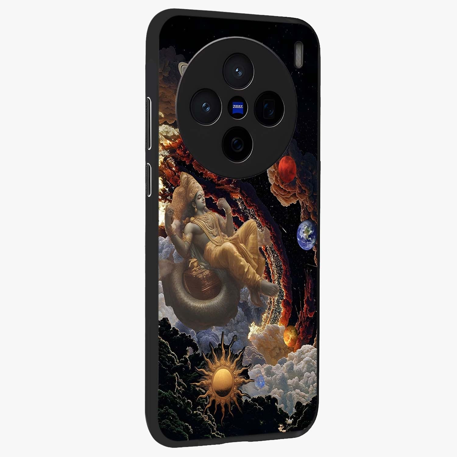 Galactic Divine God Glass Case upright view showcasing mystical divine artwork with dramatic cosmic theme.