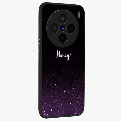 Glittery Purple Bokeh Custom Name Glass Case upright view showcasing vibrant purple sparkle artwork with personalized aesthetic style.