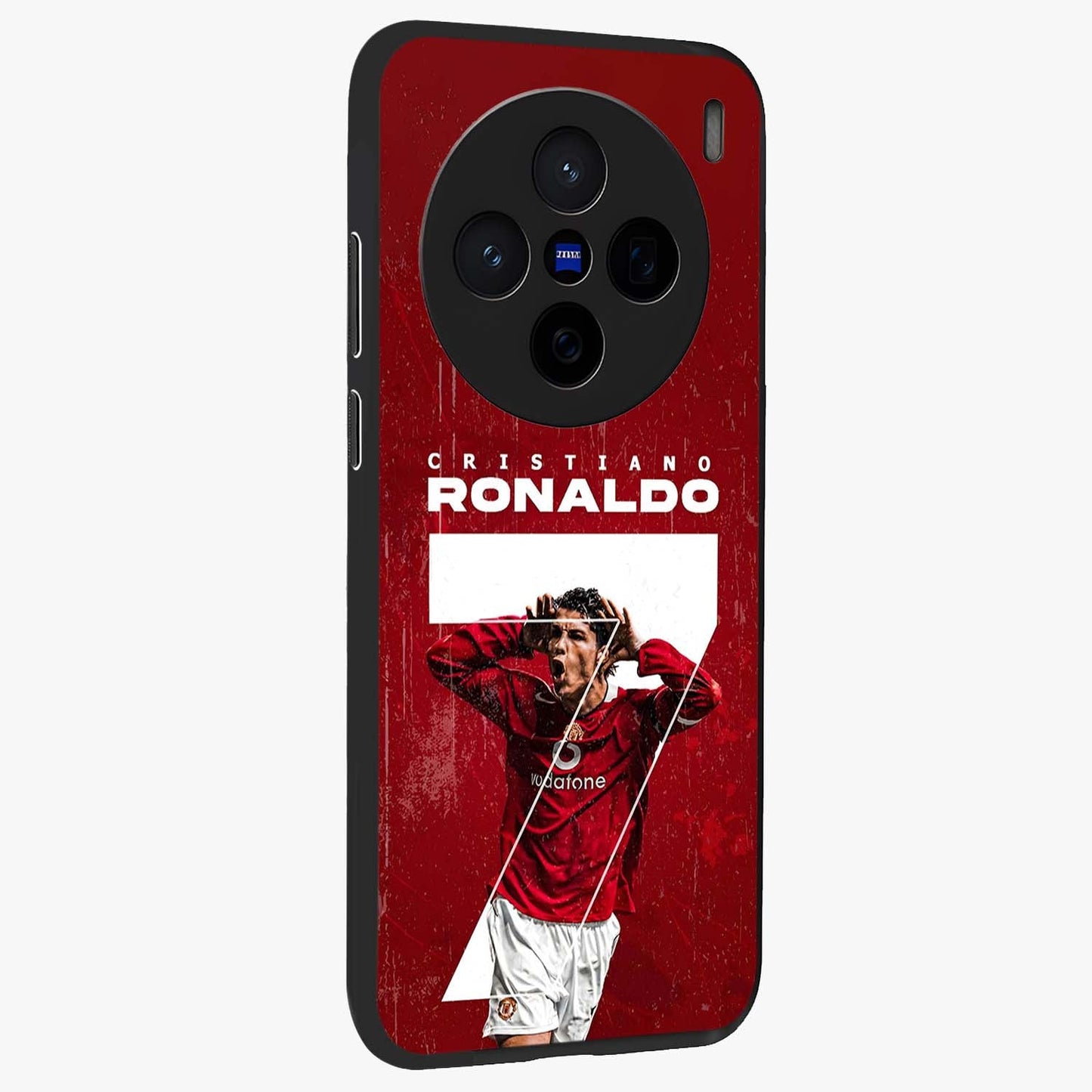 Goal Celebration Legacy Glass Case upright view showcasing dynamic football inspired artwork with victory celebration aesthetic.